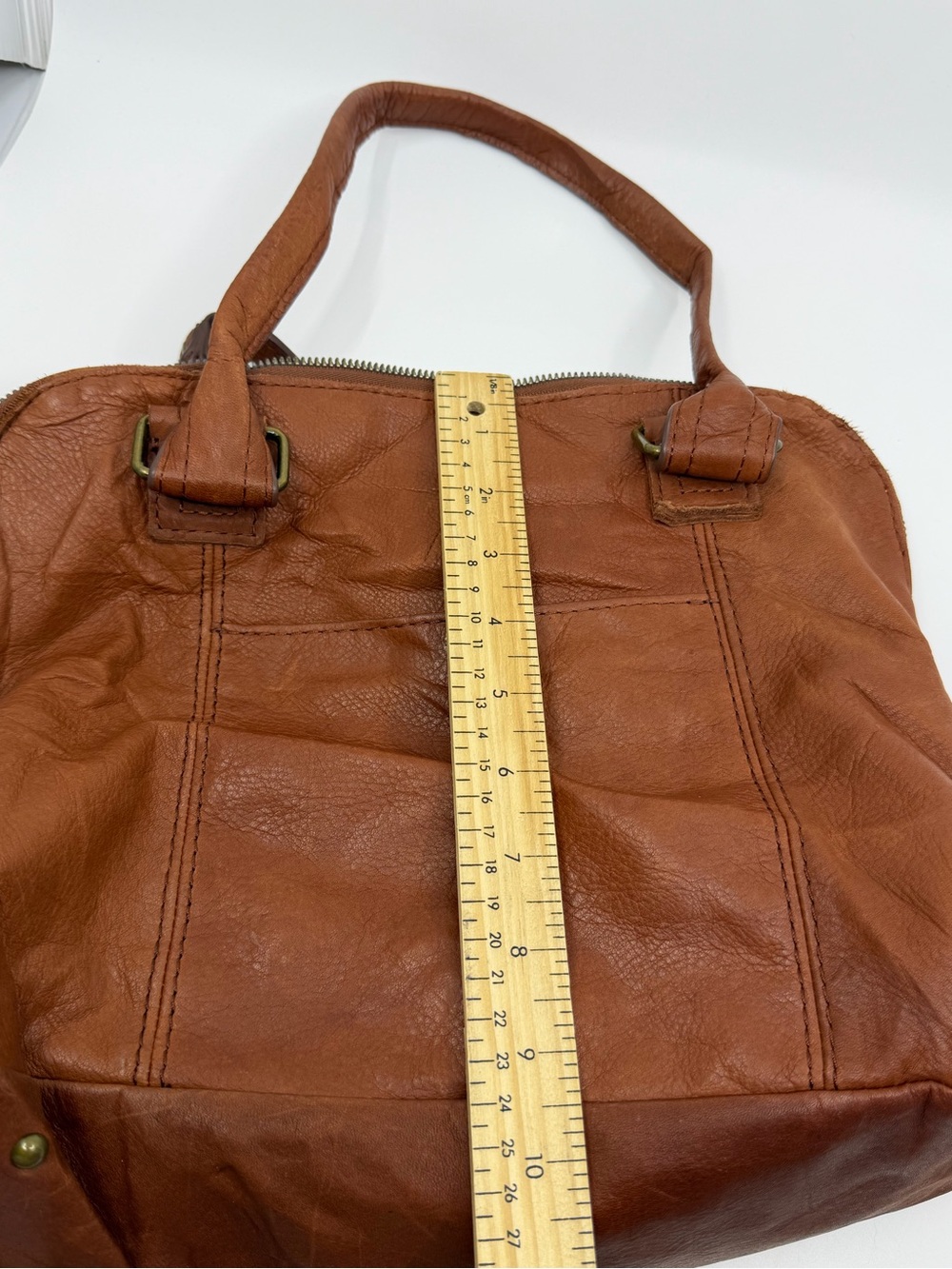 American Leather Co Cognac Genuine Leather Satchel Shoulder Bag Boho - Picture 11 of 11